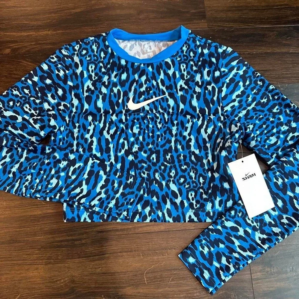 Nike Swim Blue Leopard Rash Guard and High waisted brief bottoms Girls Size XL